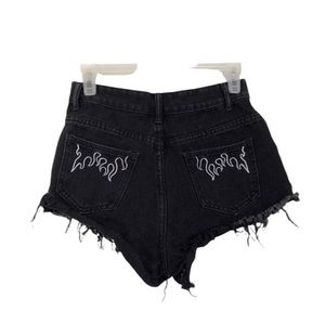 Shein Black White Fire Flame Embroidered Distressed Shorts